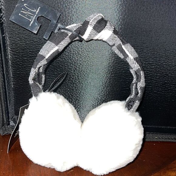 NWT INC International Concepts Buffalo Check Top Knot Faux Fur Earmuffs - Picture 2 of 4